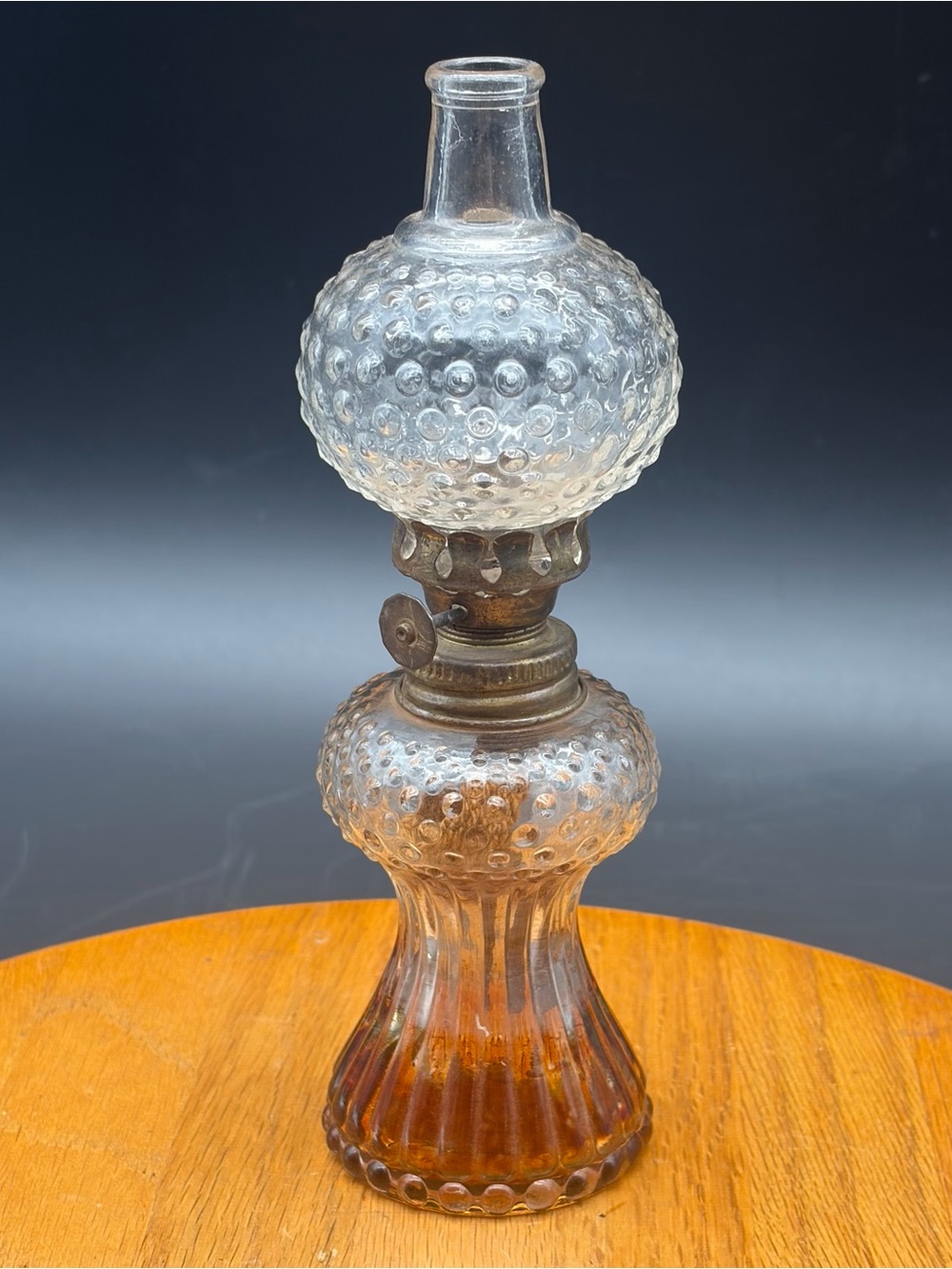 Vintage Miniature Clear Glass Hobnail Lantern Oil Lamp with Globe Shade 7" Tall